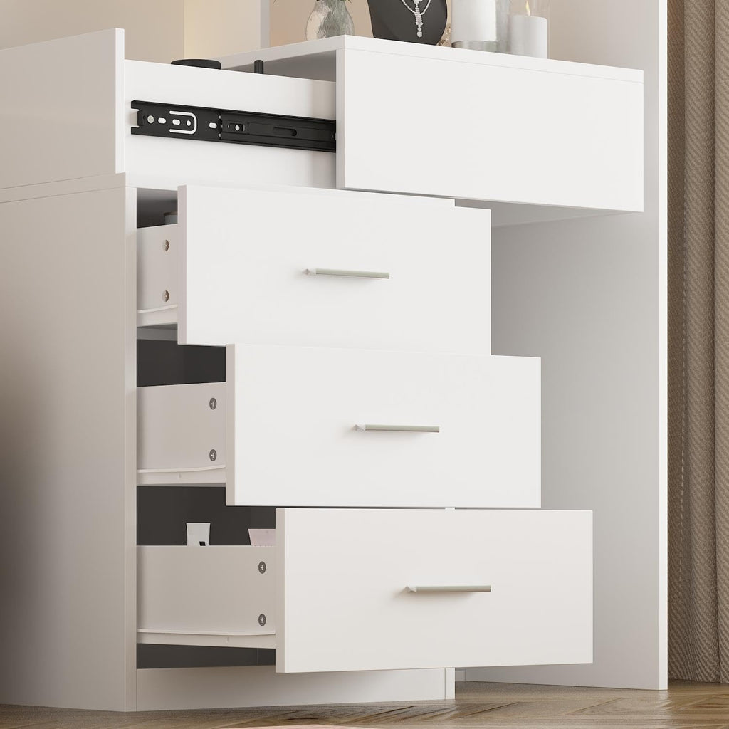 Vanity Desk with Mirror and Lights, Makeup Vanity with Drawers and Hidden Shelves, Full Length LED Mirror, Bedroom Dressing Table with Sliding Top, Grid Drawer, White, 19.7'D x 31.5'W x 63'H