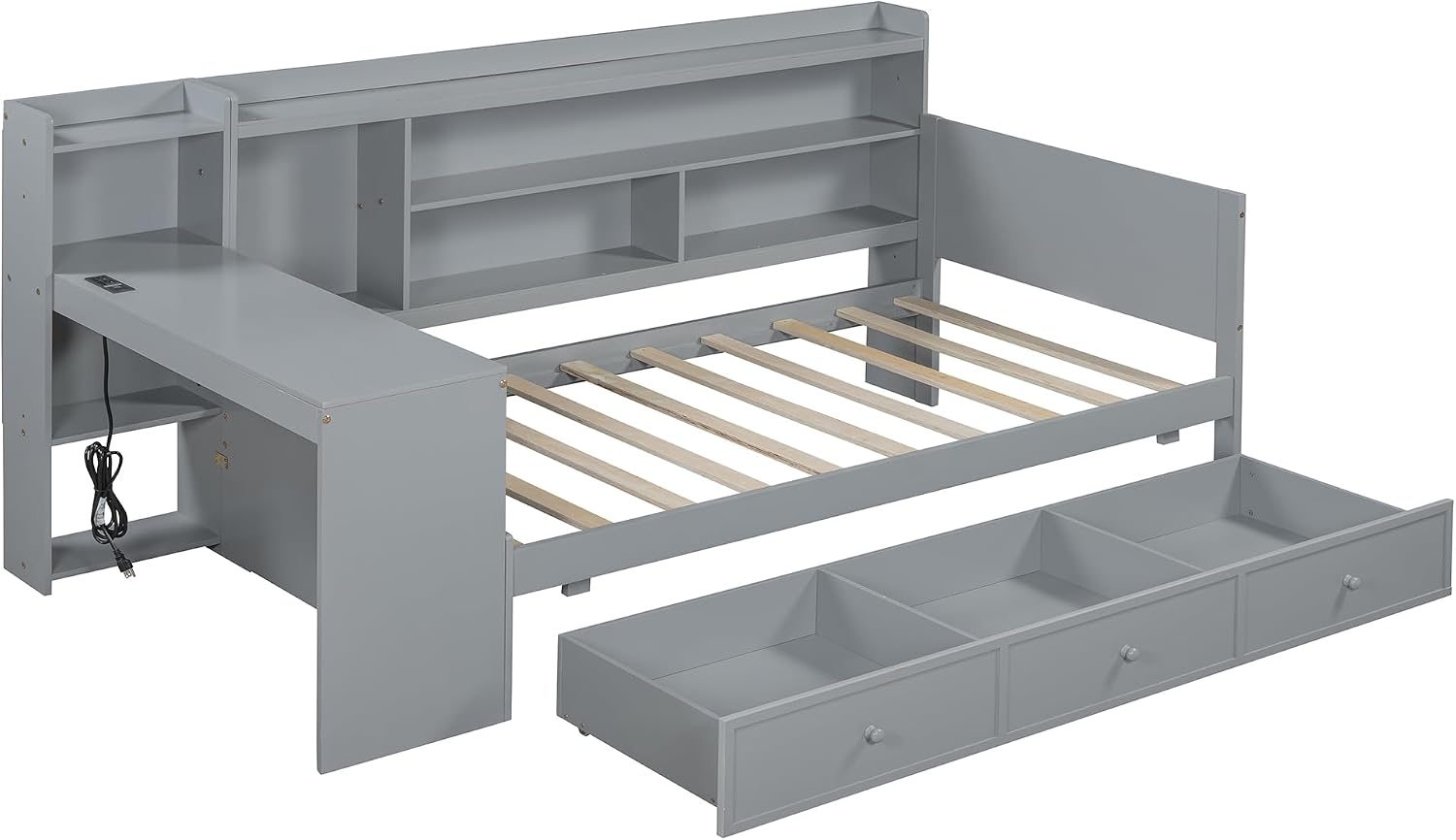 Twin Size Daybed Frame with Desk and 3 Storage Drawers & USB Port Shelves Headboard, Pinewood Corner Bed, Twin Captain Bed for Small Room, Bedroom, Guest Room,Gray