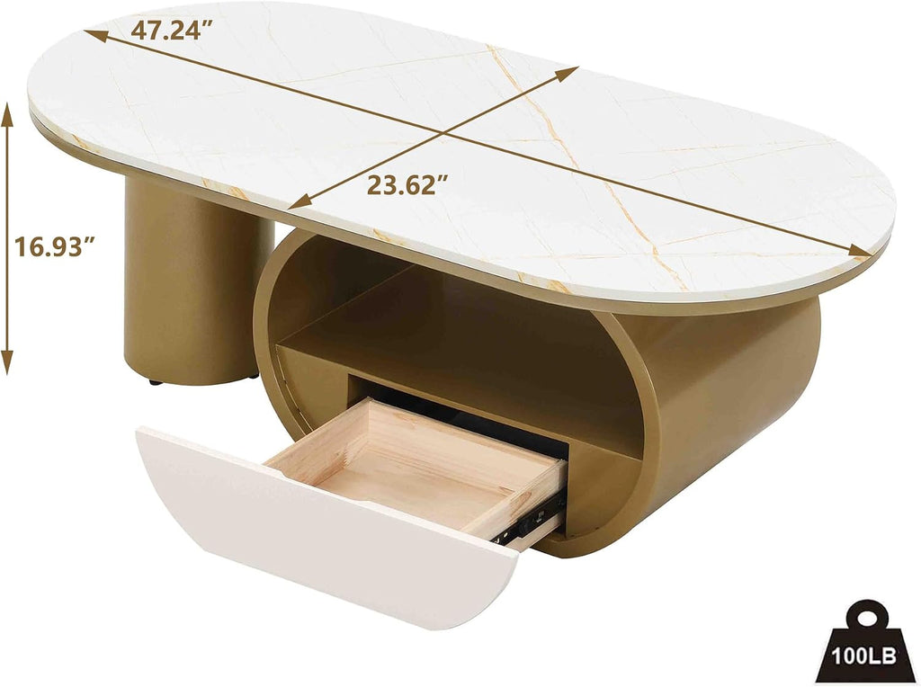 Luxury Gold Oval Coffee Table, 47'' Modern Living Room Table with Storage Drawer, Faux Marble Top MDF, Sturdy Metal Base, Large Center Tables for Home Apartment, White