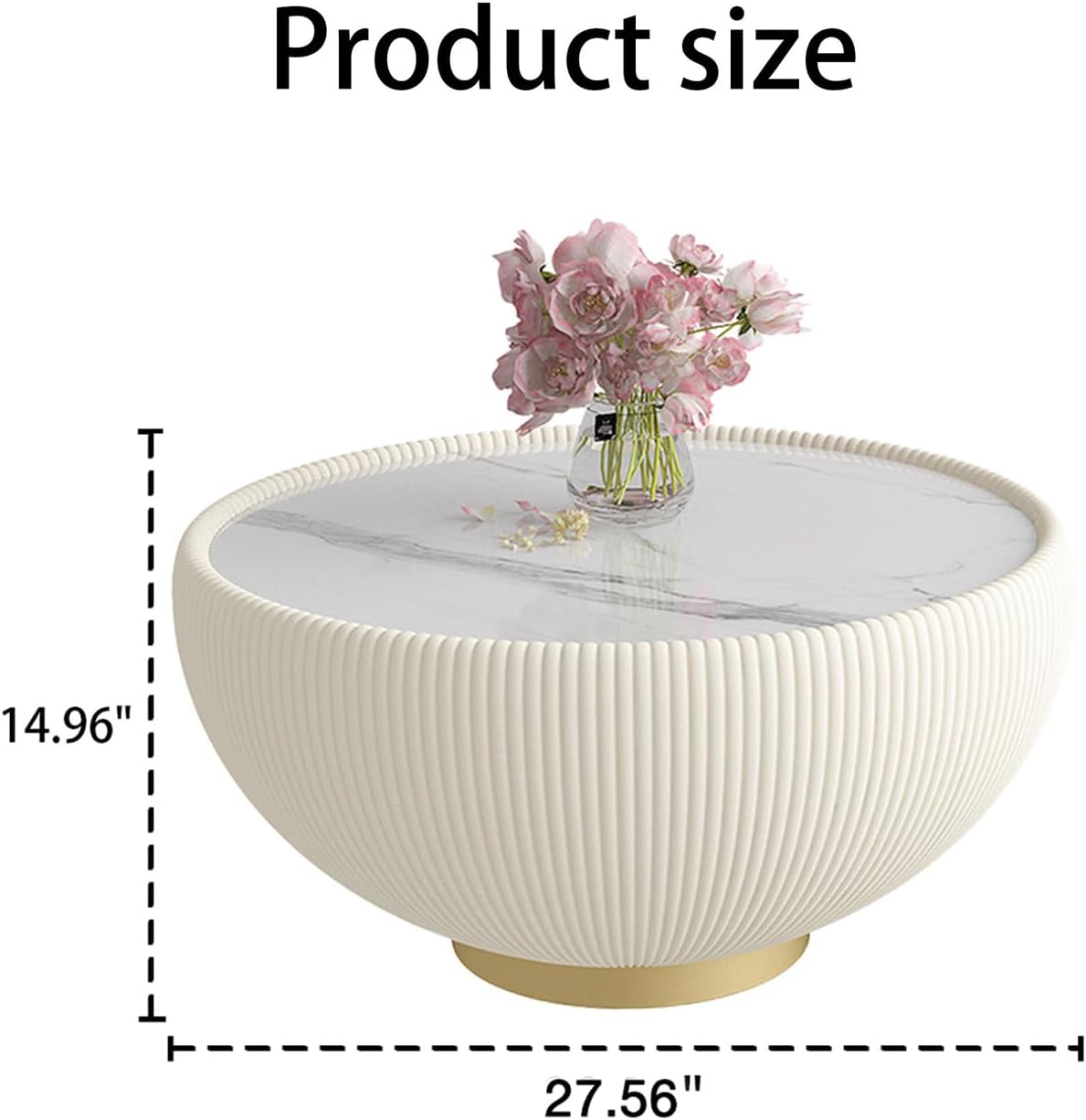 White Round Coffee Table with Sintered Stone Tabletop, 27.56' Drum Coffee Table with Fluted PU Leather Covered and Metal Base, Circle Cocktail Tea Table for Living Room