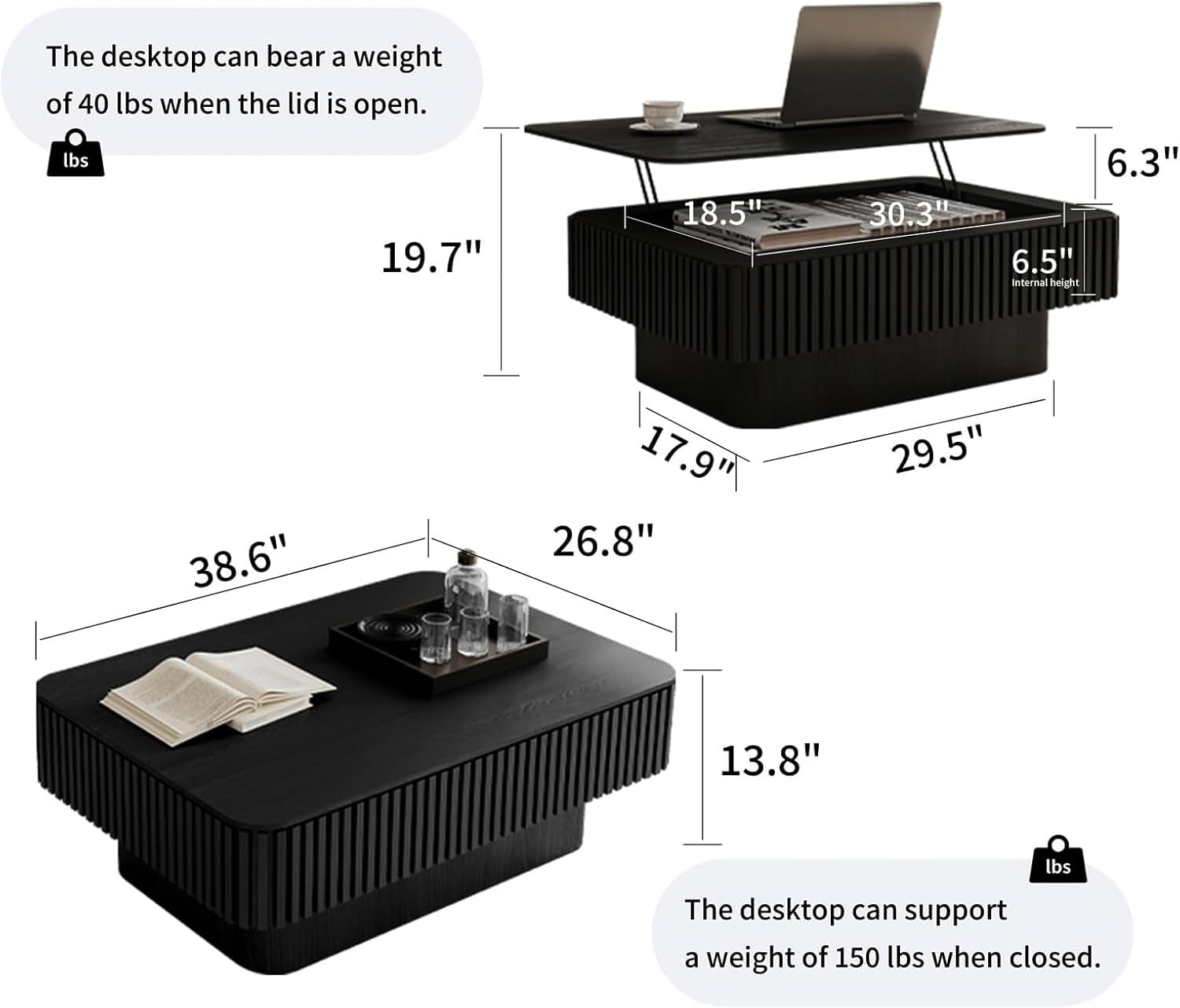 LKTART Lift Top Coffee Table for Living Room, Mid Century Modern Coffee Table with Hidden Storage, Solid Wood Veneered Rectangle Center Tea Table for Small Space Apartment (38.6''L×14''H-Black)