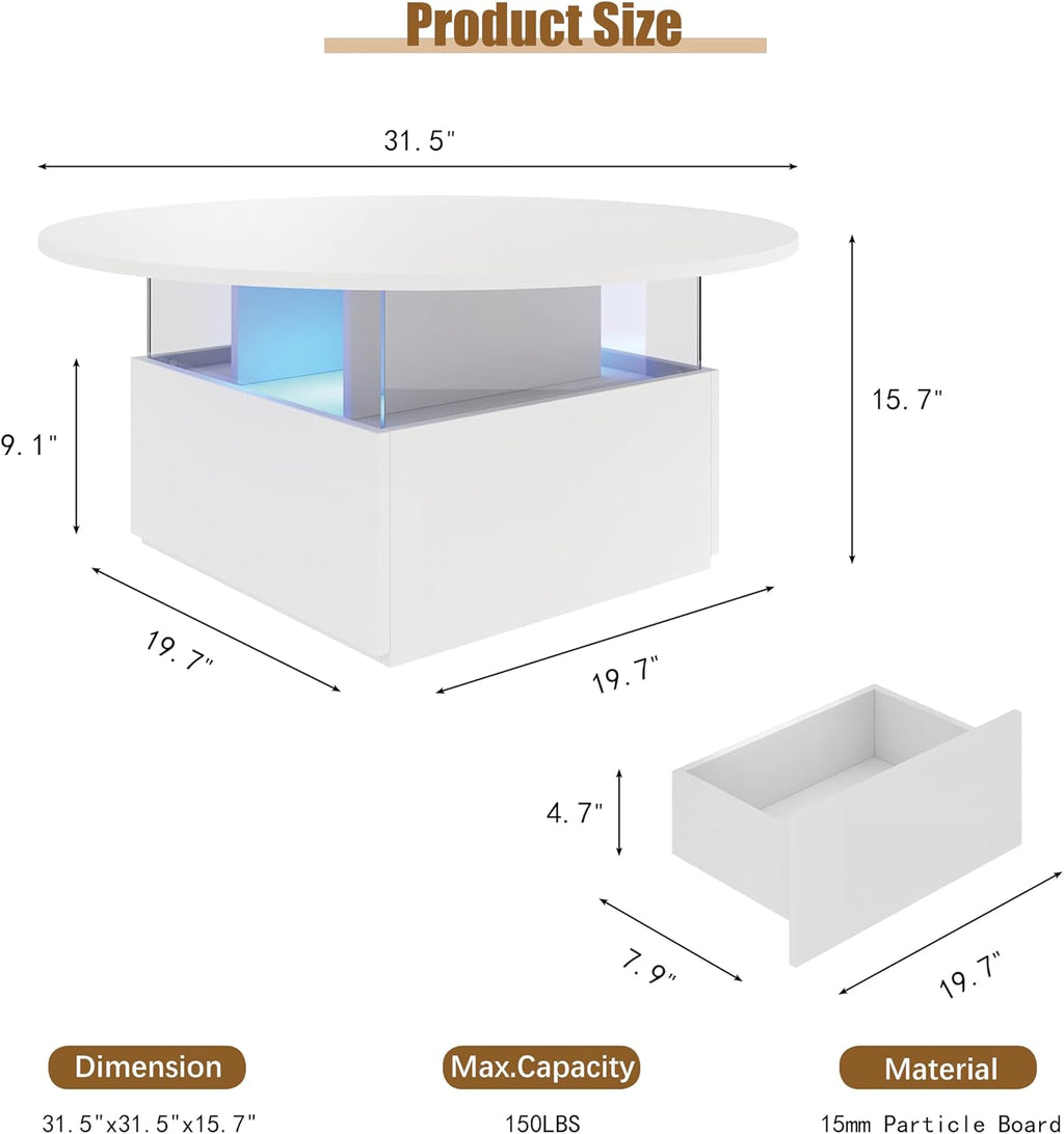 HedoAjim 31.5' Round Coffee Table for Living Room, LED Modern Living Room Table with Storage, Square Acrylic Coffee Tables with 2 Sliding Drawers, Wood Center Table for Reception Dinning Room, White