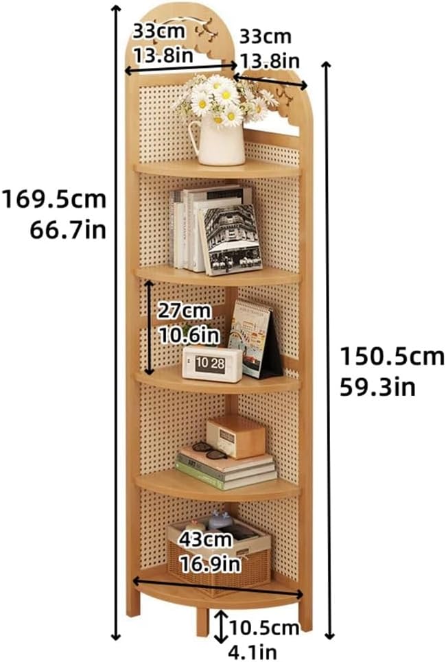 5-Tier Corner Bookshelf, Boho Corner Shelf Stand, Free Standing Rattan Storage Shelves, Tall Standing Shelf Organizer, Bookshelf, Plant Stand for Living Room Bedroom Study Kitchen(Brown)
