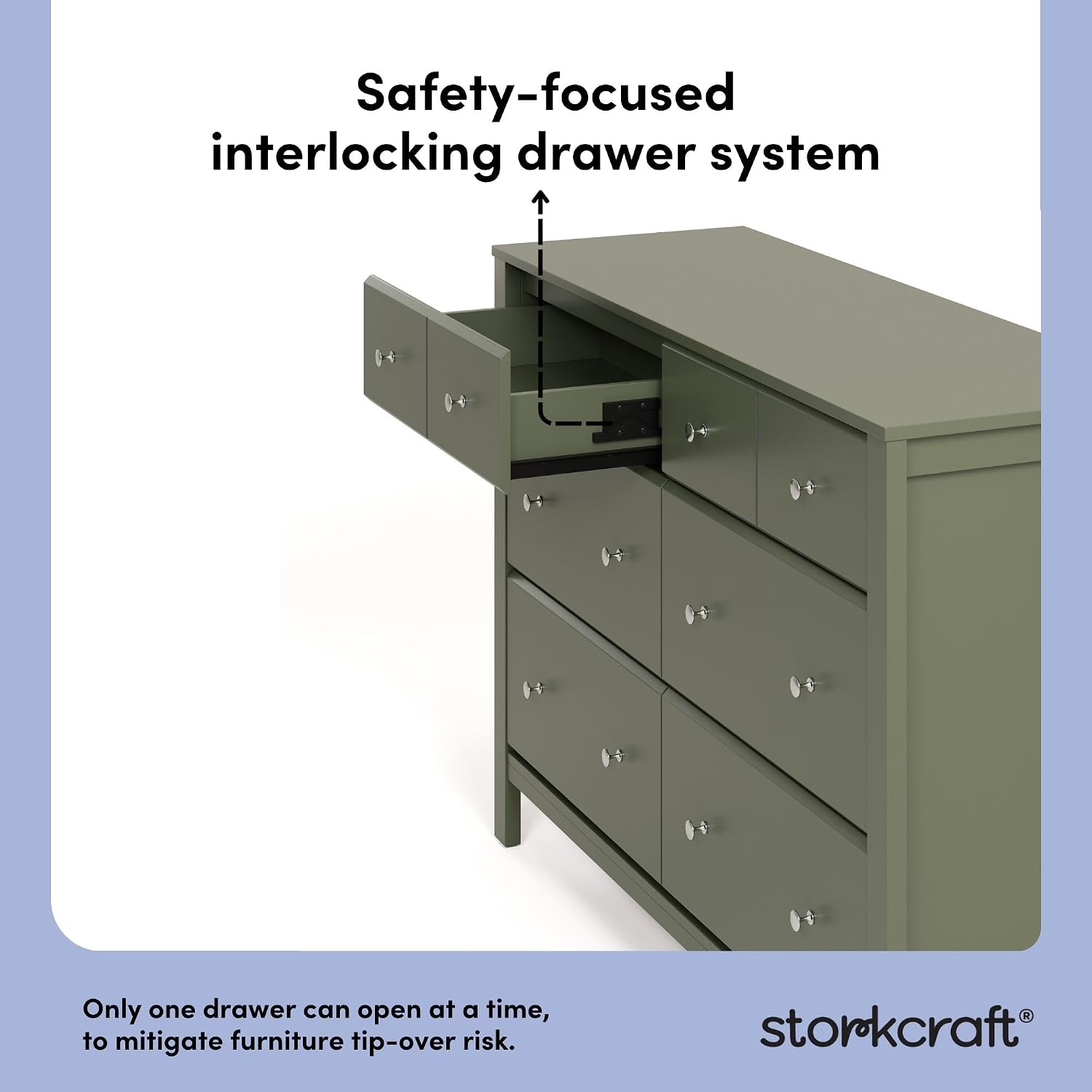 Storkcraft Horizon 6 Drawer Dresser (Olive) – GREENGUARD Gold Certified Dresser for Nursery & Kids' Room, Modern Storage with Interlocking Drawer System