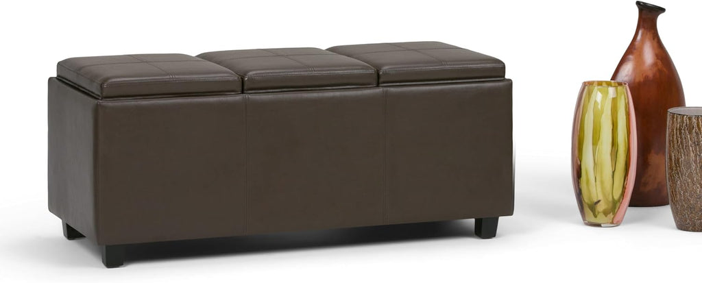 SIMPLIHOME Avalon Storage Ottoman - 42 inch Wide Upholstered Vegan Leather Rectangular Flip-Top Ottoman in Chocolate Brown, Contemporary Coffee Table Ottoman for Living Room with Hidden Storage