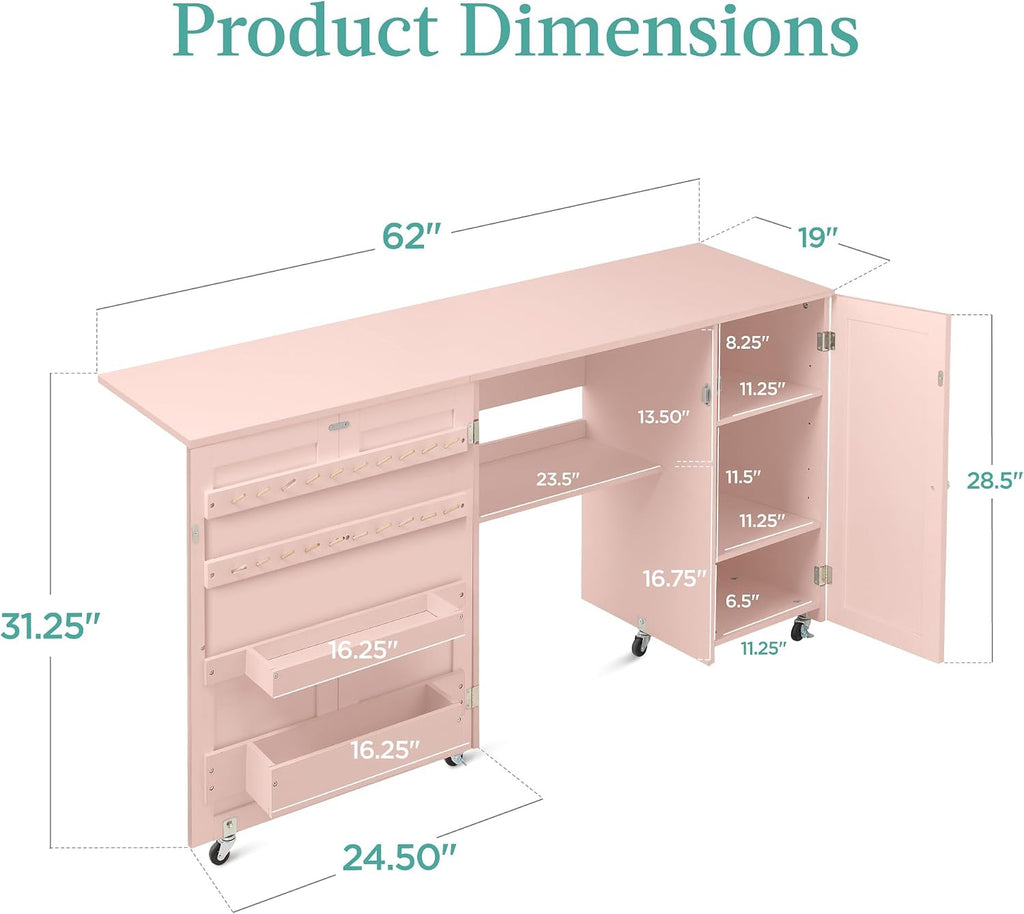 Best Choice Products Large Folding Sewing Table, Multipurpose Portable Craft Station & Side Desk w/Compact Design, Caster Wheels, Storage Shelves, 2 Storage Trays, Magnetic Doors - Pink