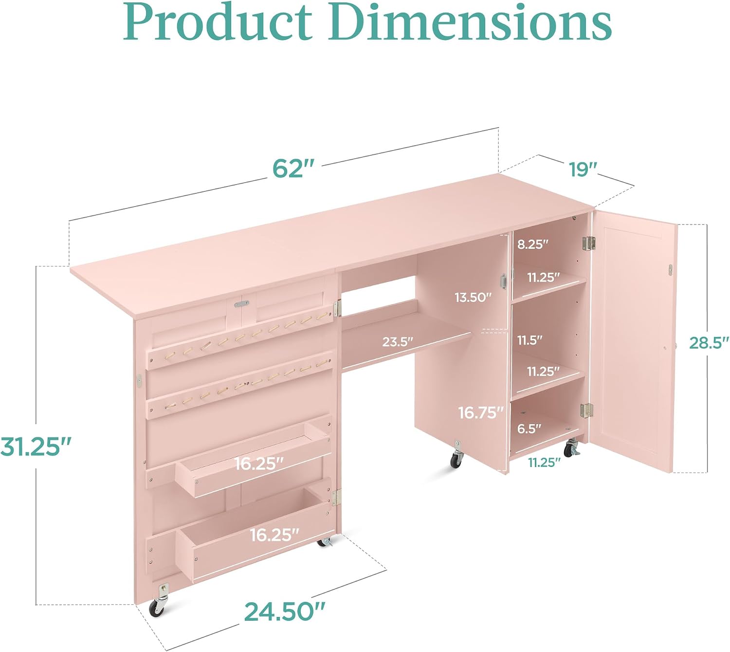 Best Choice Products Large Folding Sewing Table, Multipurpose Portable Craft Station & Side Desk w/Compact Design, Caster Wheels, Storage Shelves, 2 Storage Trays, Magnetic Doors - Pink