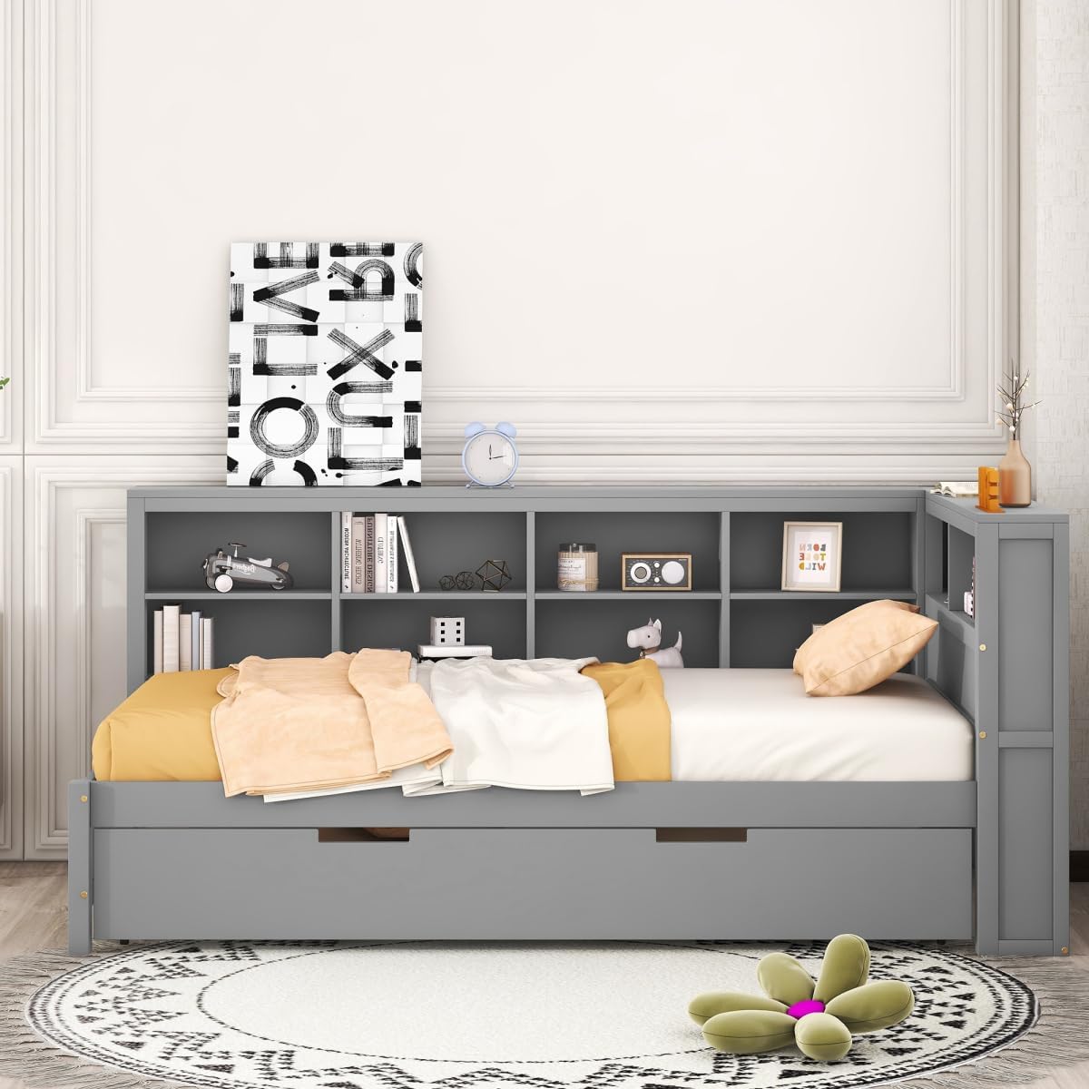 Twin Size Daybed with Storage Bookcase, Twin Trundle and Charging Station, Wooden Platform Bed with Bookshelf for Kids Boys Girls, Grey