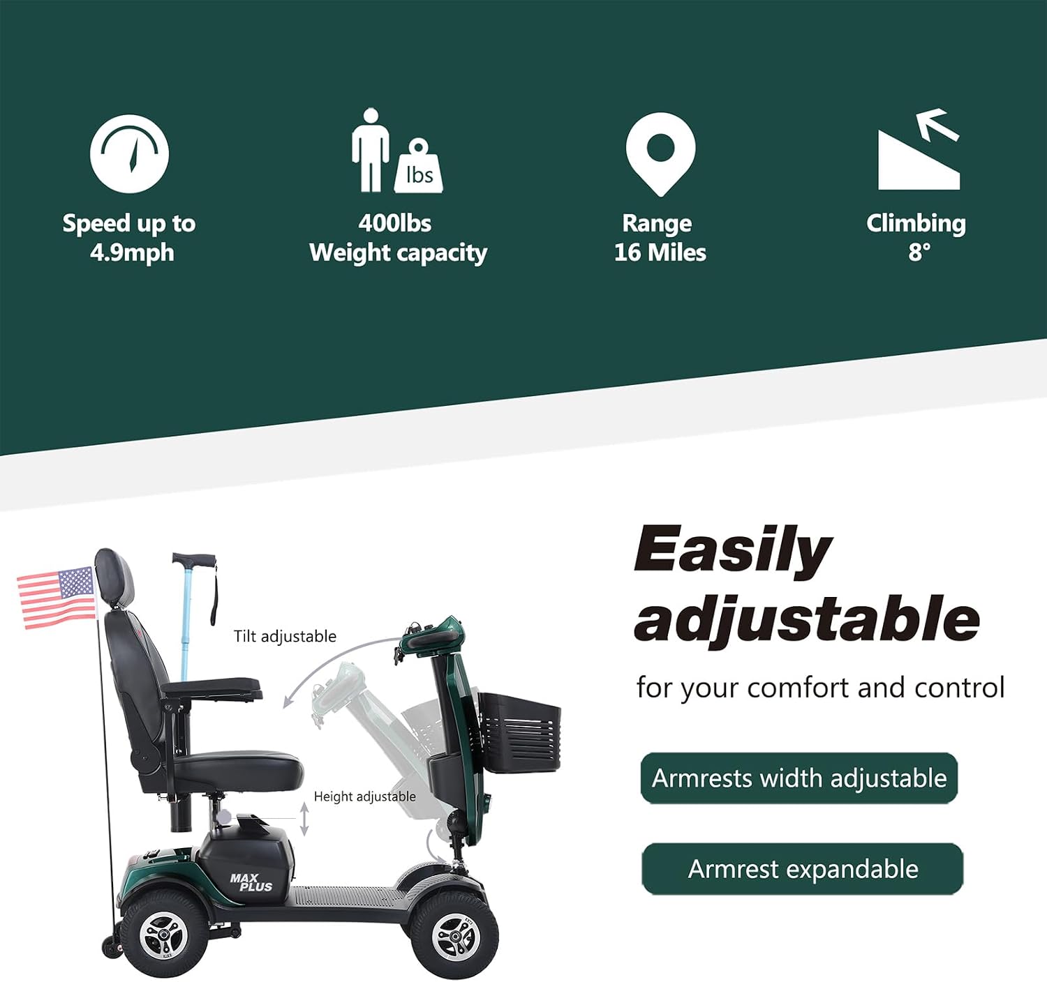 Mobility Scooters for Seniors & Adults 400 Lb Weight Foldable,All-Terrain Heavy Duty 4 Wheel Powered Scooter,Portable Disability Mobile Electric Wheelchair with Comfort Seat,15Miles,5MPH,Green