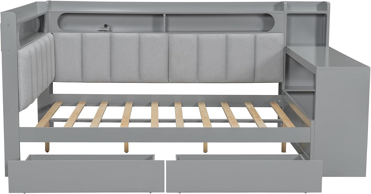 CITYLIGHT Full Size Daybed with Storage Drawers and Upholstered Headboard, Full Size Corner Bed with LED,Charging Station and Storage Shelves for Bed Room,Living Room.(Gray)