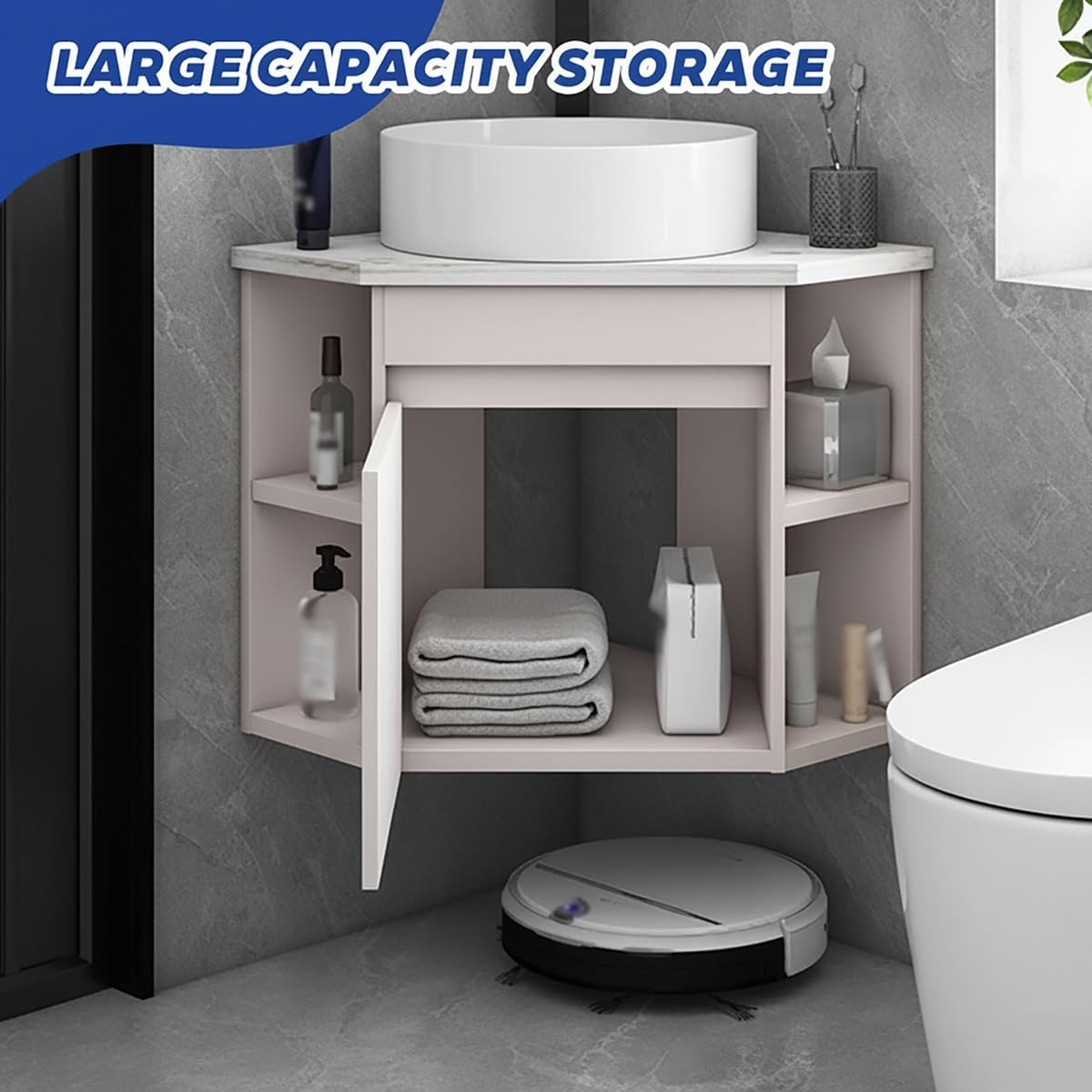 Corner Bathroom Vanity，Corner Sink with Door，Wall Mounted Hand Sink with Open Cubby，for Home, Kitchen, Patio, Laundry Room，for Bathroom(14.9in)