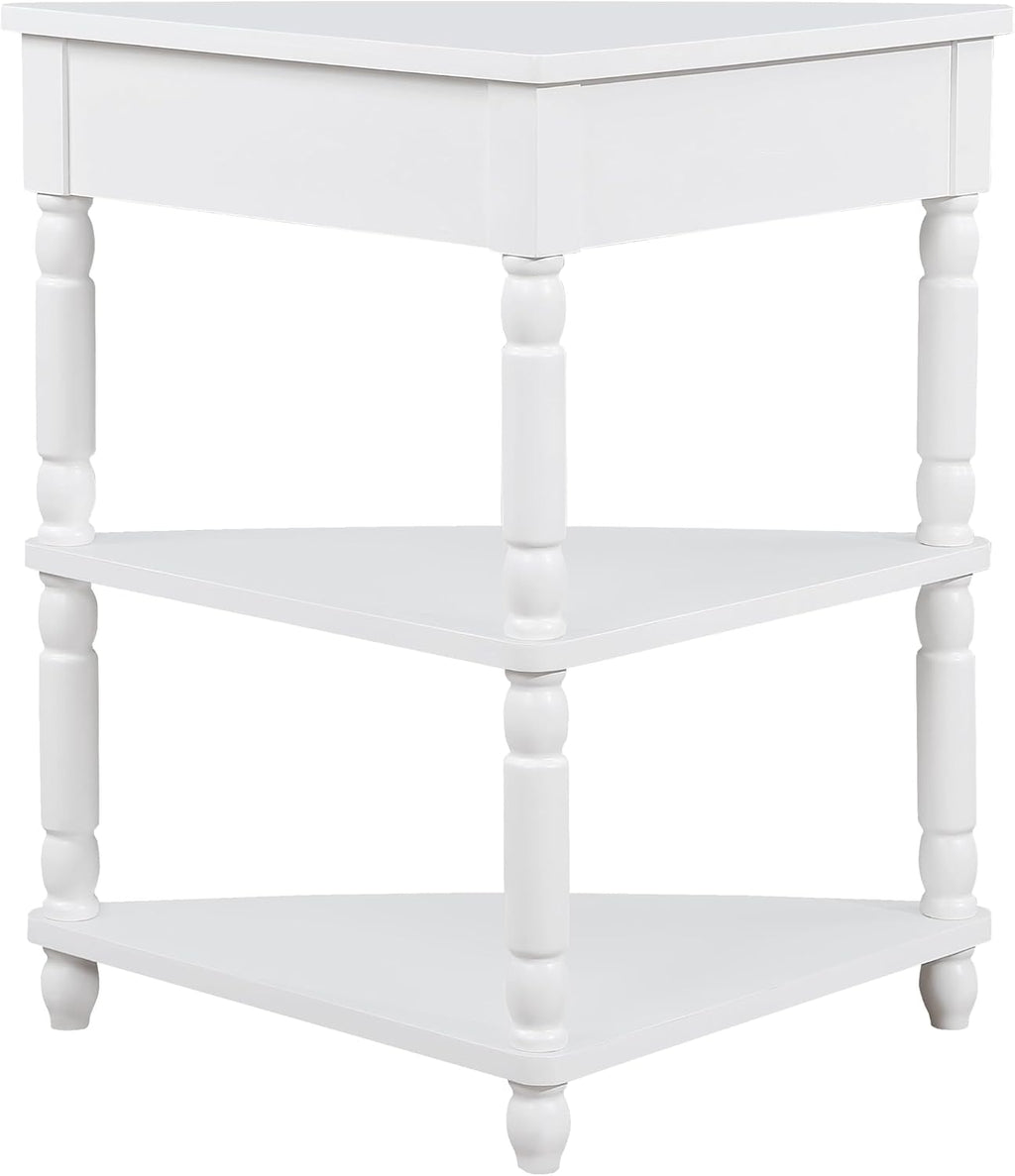 GDFStudio Trmxmbi 3 Tier Corner Console Table with 1 Storage Drawers and Shelves, 33.8'' Rustic Wood Triangle Sofa End Table for Small Spaces, Solid Wood Legs, Milk White