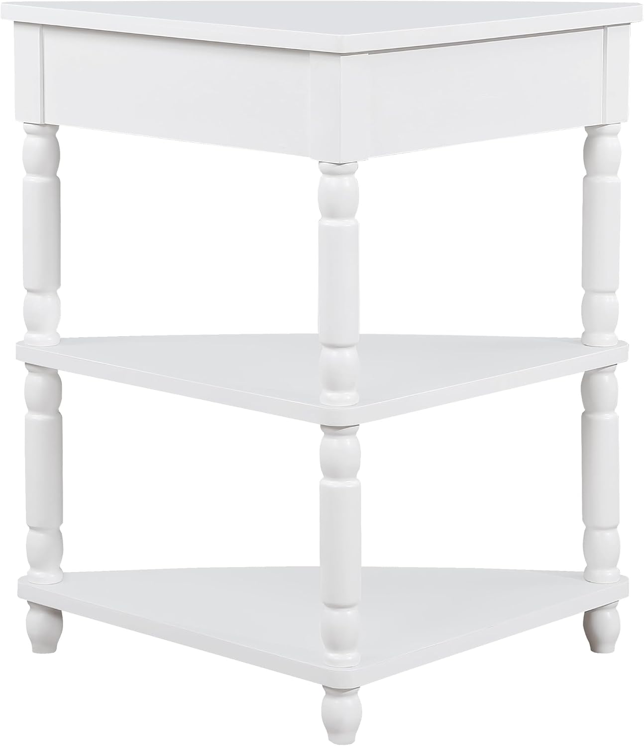 GDFStudio Trmxmbi 3 Tier Corner Console Table with 1 Storage Drawers and Shelves, 33.8'' Rustic Wood Triangle Sofa End Table for Small Spaces, Solid Wood Legs, Milk White