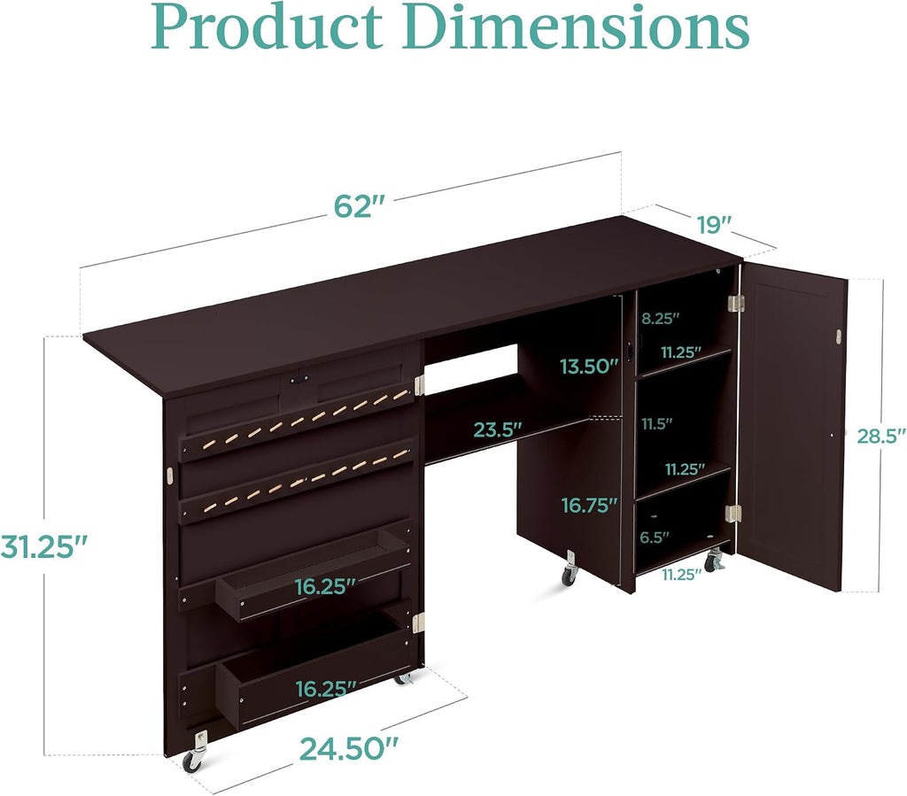 Best Choice Products Large Folding Sewing Table, Multipurpose Portable Craft Station & Side Desk w/Compact Design, Caster Wheels, Storage Shelves, 2 Storage Trays, Magnetic Doors - Brown