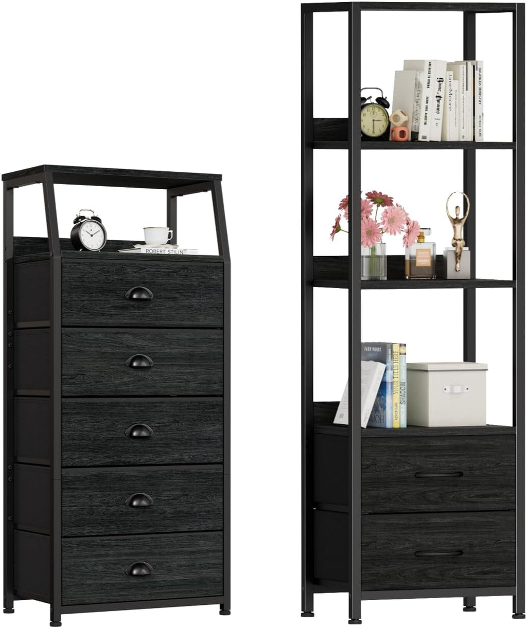 Furnulem Black Dresser with 5 Drawers, Vertical Storage Tower Fabric Dresser for Bedroom, 4-Tier Corner Shelf, Bookshelf with 2 Storage Drawers, 57.28'Tall Narrow Bookcase