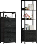 Furnulem Black Dresser with 5 Drawers, Vertical Storage Tower Fabric Dresser for Bedroom, 4-Tier Corner Shelf, Bookshelf with 2 Storage Drawers, 57.28'Tall Narrow Bookcase