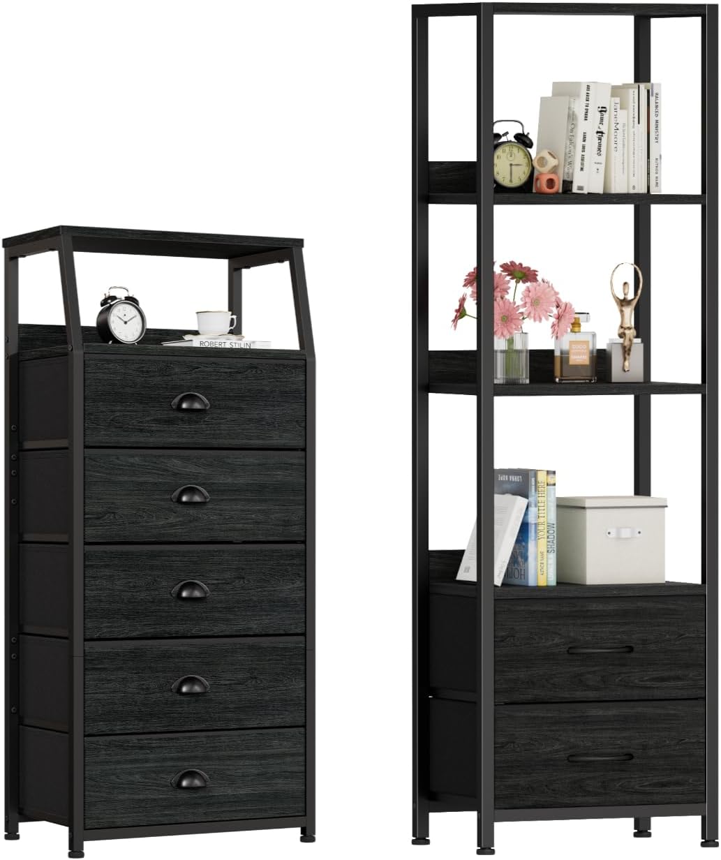 Furnulem Black Dresser with 5 Drawers, Vertical Storage Tower Fabric Dresser for Bedroom, 4-Tier Corner Shelf, Bookshelf with 2 Storage Drawers, 57.28'Tall Narrow Bookcase