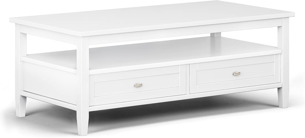 SIMPLIHOME Warm Shaker Coffee Table - 48 inch Wide Solid Wood Coffee Table in White, Transitional Living Room Table with 2 Drawers, Open Shelf, Shaker Fronts and Tapered Legs