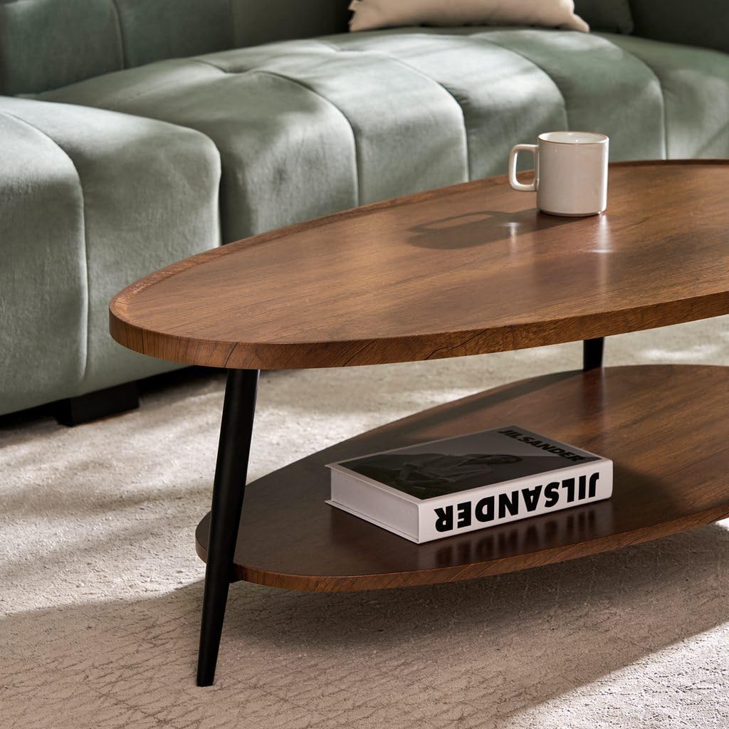 AGV Oval Coffee Table with Storage Shelf, 47' Mid Century Modern Coffee Table for Living Room, Walnut Wood Finish MDF Top with Black Metal Legs