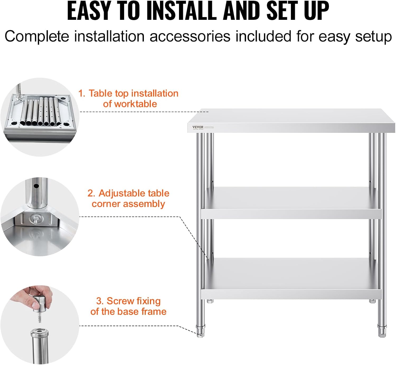 VEVOR Stainless Steel Food Prep Table, 18 x 36 x 34 Inch Commercial Kitchen Worktable, with 2 Adjustable Undershelf, Heavy Duty Prep Metal Work Table for BBQ, Kitchen, Home, and Garage