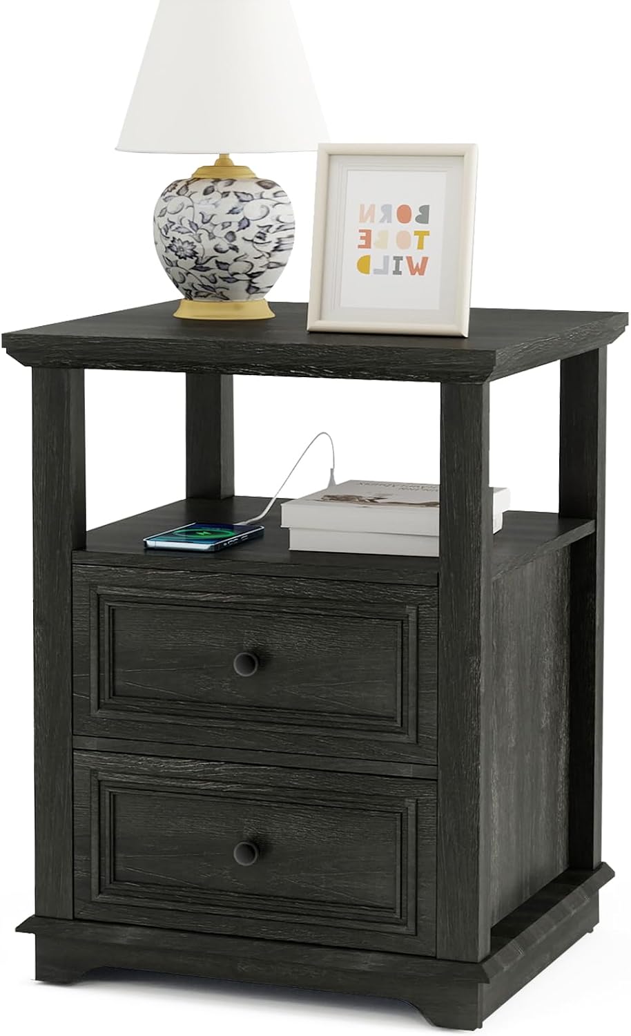 Vipbear Farmhouse Nightstand 18' Dark Gray End Table with Charging Station & 2 Drawers, Rustic Bedside Table with Storage Shelf for Bedroom, Living Room,18.1' D x 18.1' W x 24.2' H, Set of 2
