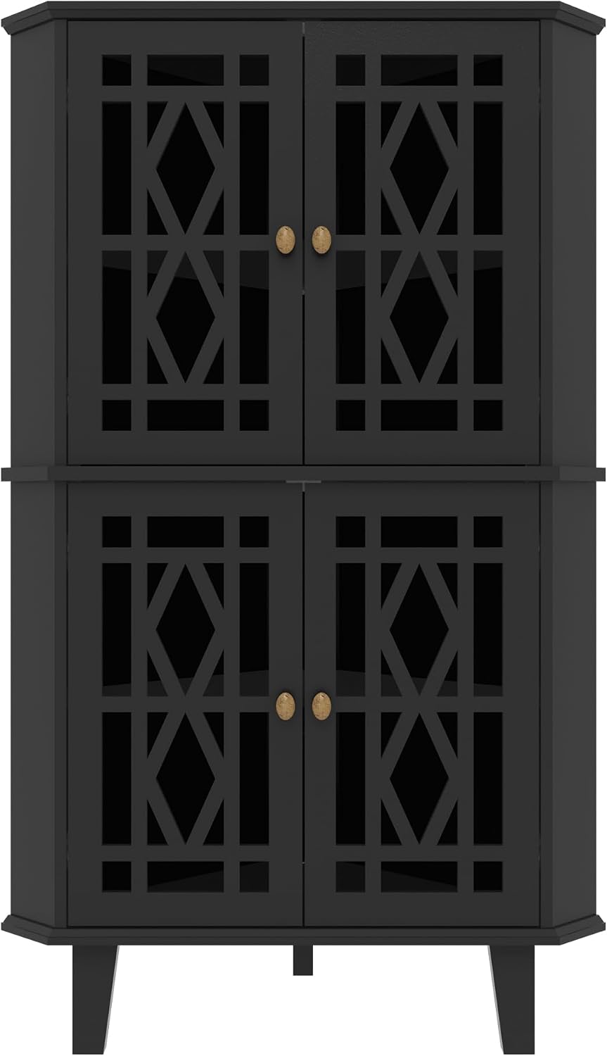Scurrty Tall Corner Shelf Stand, Large Shelf Corner Table Sideboard Cabinet with 4 Doors and 4-Tier Shelves, Free-Standing Storage Organizer for Living Room, Dining Room & Bathroom (Black)