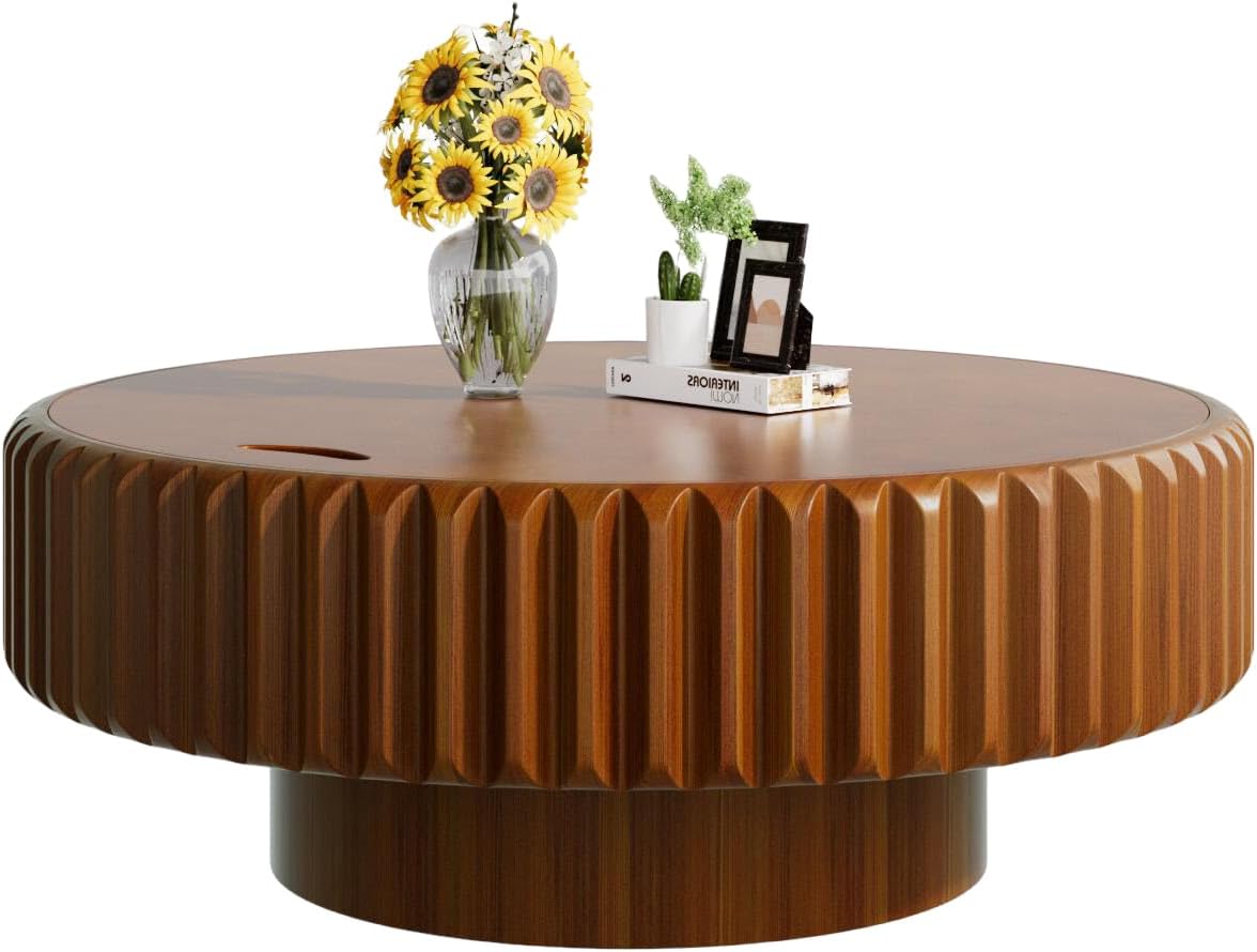 Drum Coffee Table with Hidden Storage, Modern Round Coffee Table for Living Room Circle Center Table with Solid Wood Fluted Veneered, Accent Tea Table for Small Space Apartment (Walnut 31.5 inch)