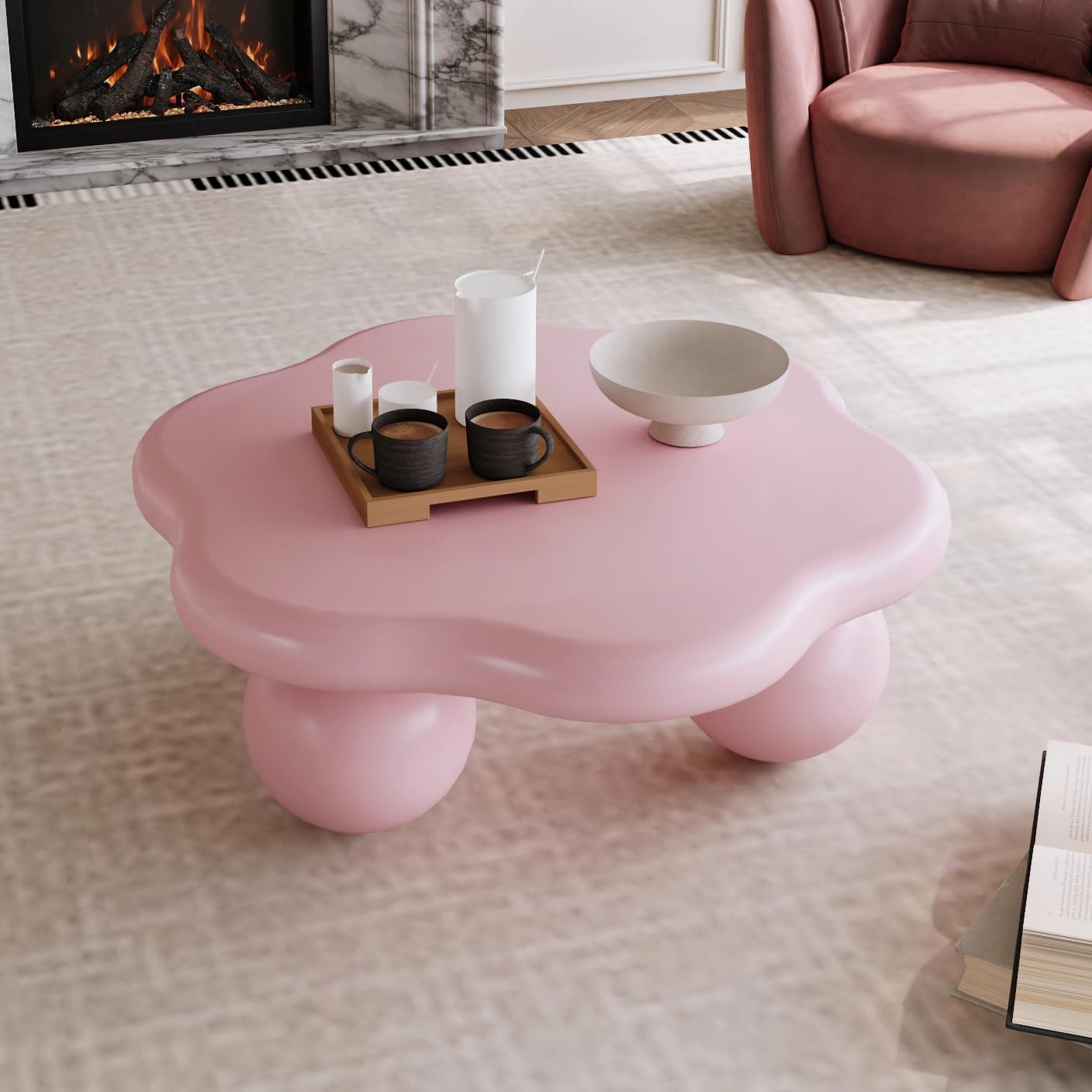 35.03' Cloud Coffee Table for Living Room Unique Coffee Table Modern Low Coffee Tables Cute Center Table with 3 Ball Legs for Small Space Apartment Cream Flower-Pink