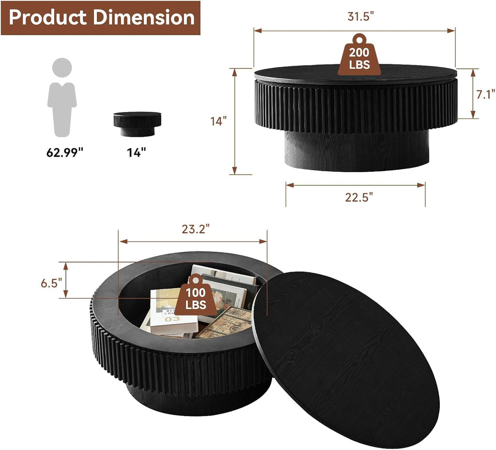 Round Coffee Table with Storage, Small Solid Wood Coffee Table for Living Room, Mid Century Modern Circle Center Tables for Small Space Apartment (31.5''D×14''H-Black)