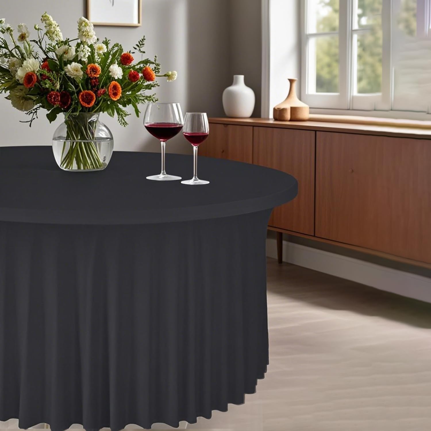WJWHQ 10 Pack Black Round Spandex Tablecloths for 60in Tables, 120Inch Stretchy Fitted 5FT Round Table Clothes,Wrinkle Free Table Cover with Skirt for Wedding Party Dining Banquet