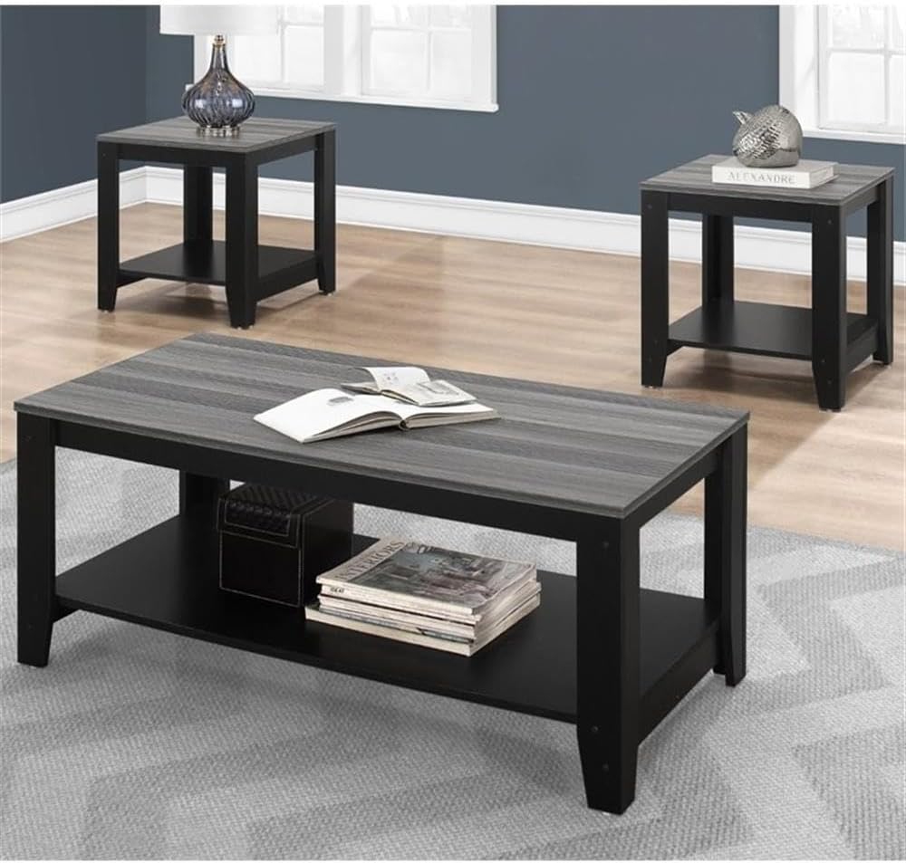 Pemberly Row 3-Piece Coffee Table Set, Particle Board and Laminate, Black and Gray Finish, Includes Rectangular Coffee Table and 2 End Tables with Shelves, Contemporary Living Room Accent Furniture