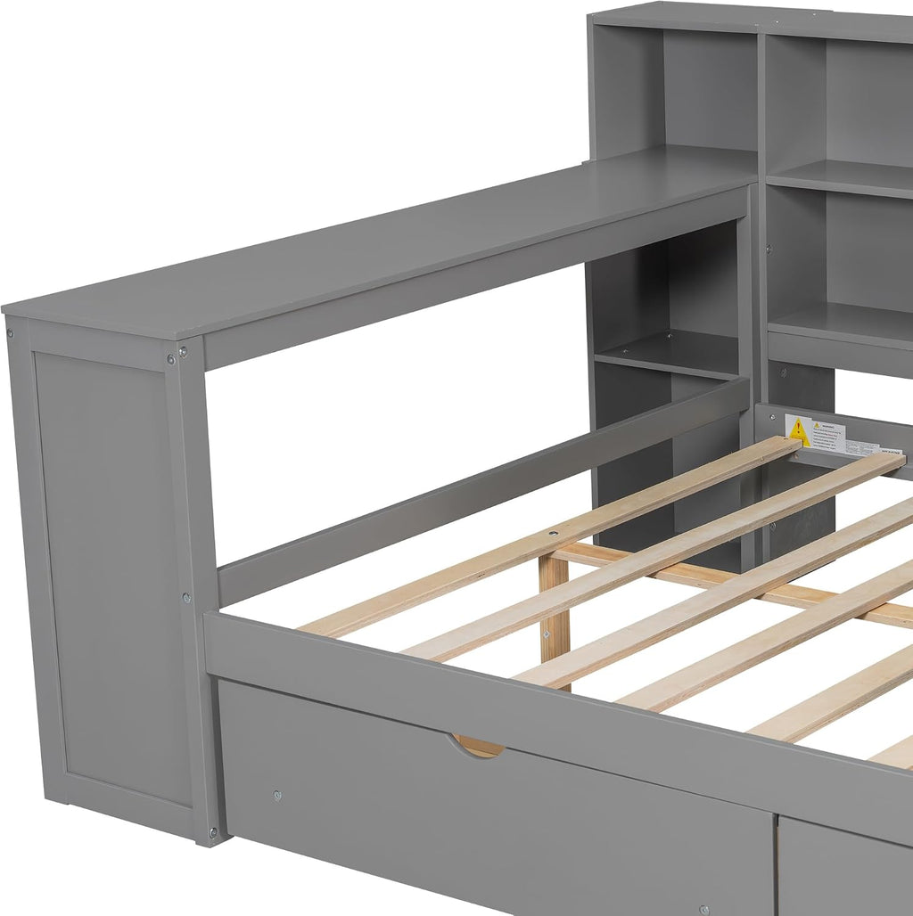 MERITLINE Full Daybed with Storage,Desk,Upholstered Headboard and LED Light &Charging Station, Solid Wood Corner Bed Frame with Storage Drawers and Bookcase for Adults,No Box Spring Needed (Grey)