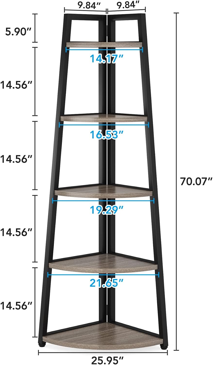 Tribesigns 70 inch Tall Corner Shelf, 5 Tier Industrial Corner Bookshelf Bookcase Industrial Corner Ladder Shelf Plant Stand for Living Room, Kitchen, Home Office (Grey)