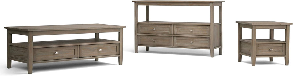 SIMPLIHOME Warm Shaker Coffee Table - 48 inch Wide Solid Wood Coffee Table in Distressed Grey, Transitional Living Room Table with 2 Drawers, Open Shelf, Shaker Fronts and Tapered Legs