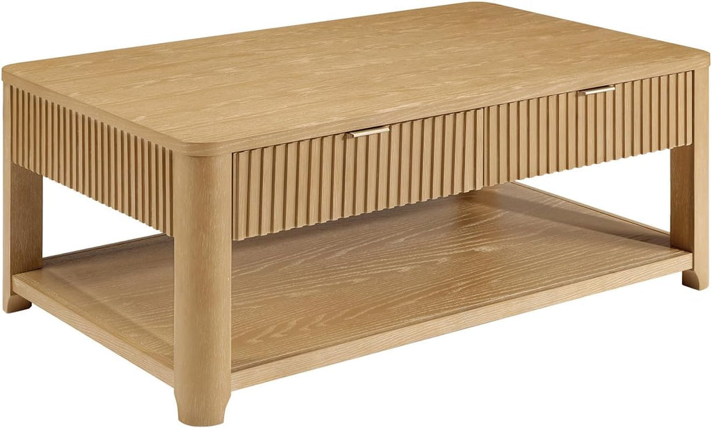 HULALA HOME Modern Fluted Coffee Table with Storage, Wood Oak Veneer Coffee Table with Wide Tabletop, 2 Drawers and Lower Shelf for Living Room, Easy Assembly, Natural