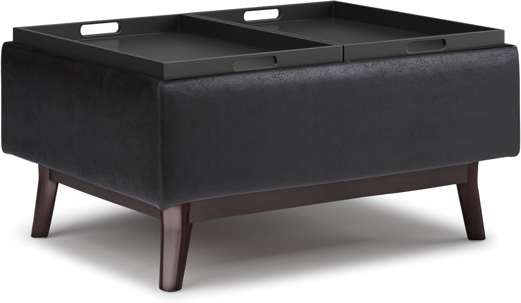 SIMPLIHOME Owen Tray Top Small Coffee Table Storage Ottoman - 34 inch Wide Upholstered Vegan Leather Rectangular Flip-Top Ottoman in Distressed Black, Mid-Century Ottoman for Living Room