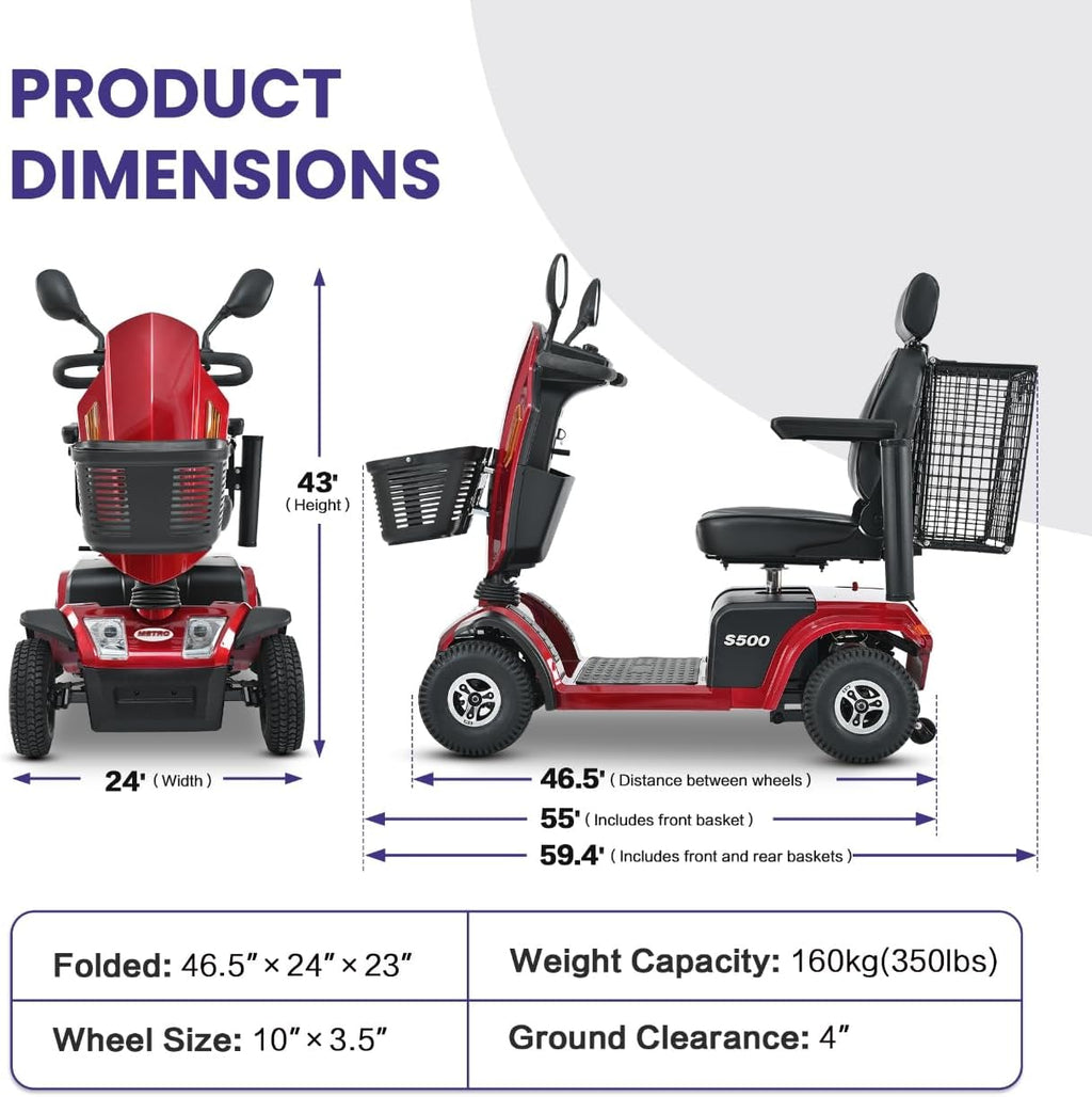 S500 4-Wheel Electric Mobility Scooter, Long-Range 52Ah Battery Up to 25 Miles, 500W Heavy-Duty Motor, 10' Pneumatic Tires, Adjustable Captain Seat, Storage Baskets for Seniors, Red