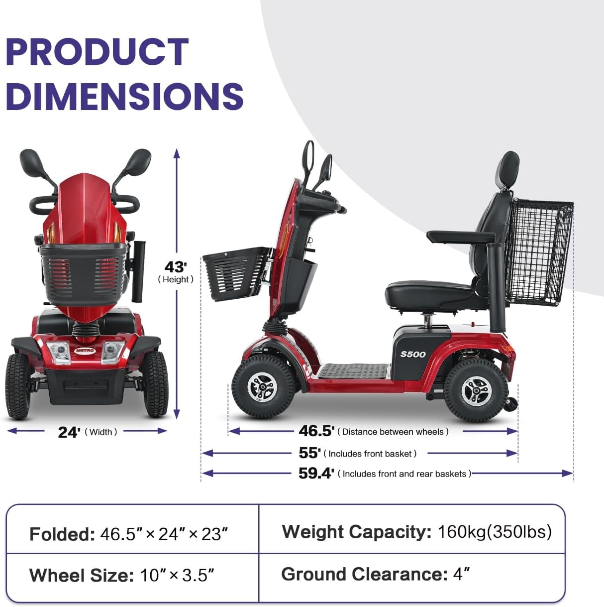 S500 4-Wheel Electric Mobility Scooter, Long-Range 52Ah Battery Up to 25 Miles, 500W Heavy-Duty Motor, 10' Pneumatic Tires, Adjustable Captain Seat, Storage Baskets for Seniors, Red
