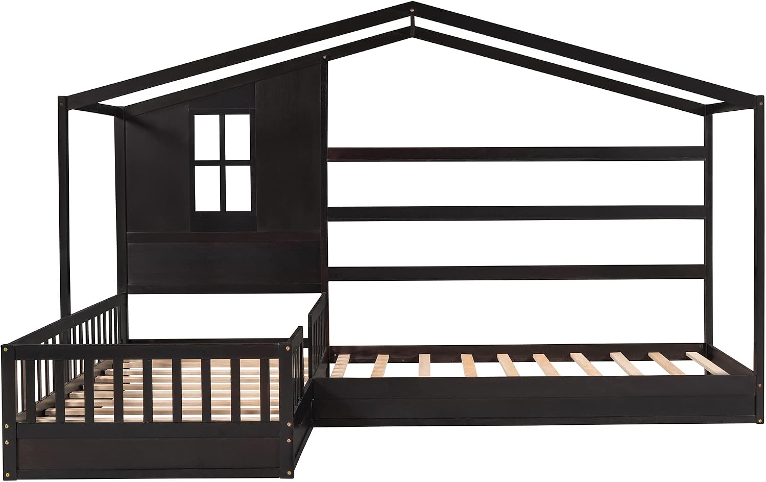 CITYLIGHT Wood L Shaped House Bed Frame, Twin Size Montessori Corner Bed with Roof, Window & Fence, Modern House Shaped Bed for 2 Kids, Espresso