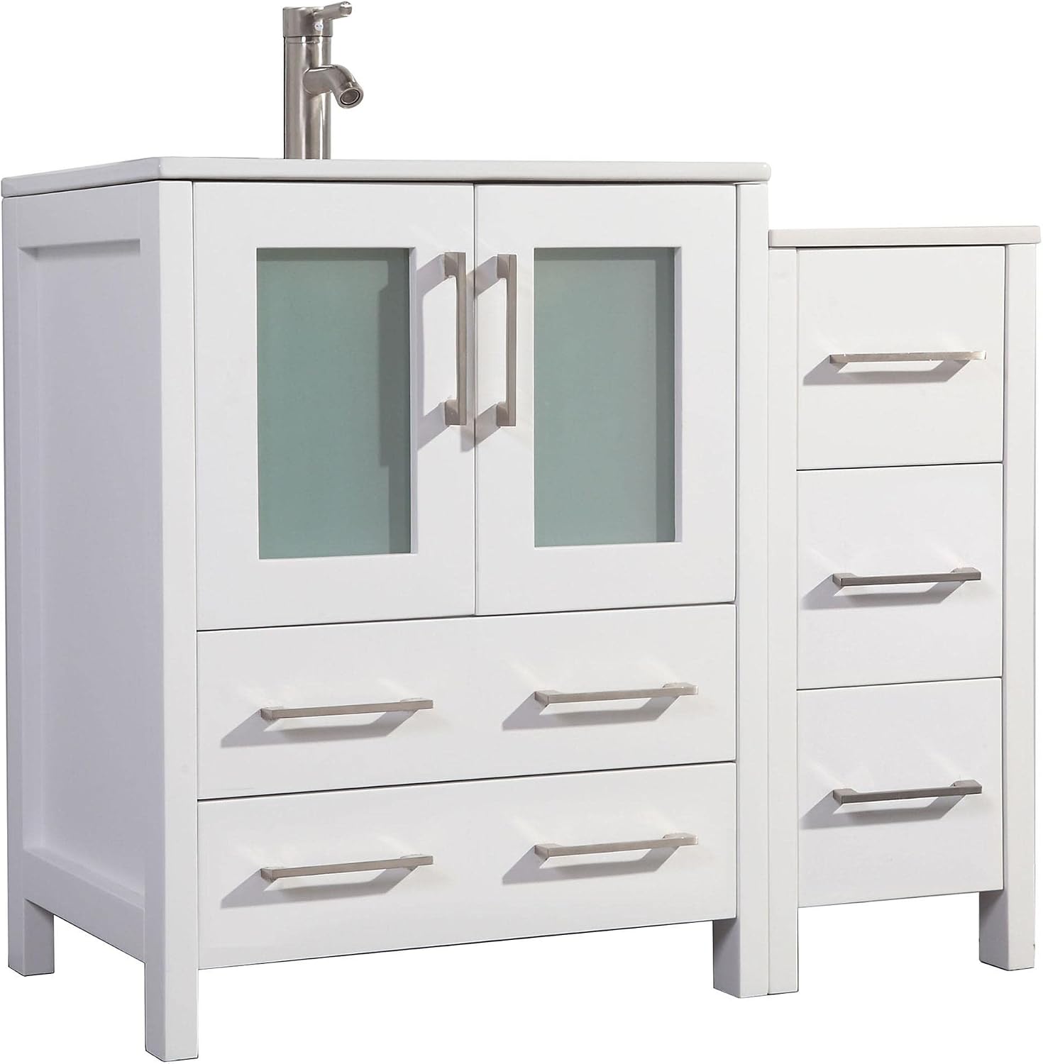 Vanity Art 42 Inch Under Mount Single Sink Bathroom Vanity Cabinet with 1 Mirror, Ceramic Top Bathroom Cabinet Compact Set with 5 Dovetail Storage Drawers and Brushed Nickel Handles, VA3030-42W