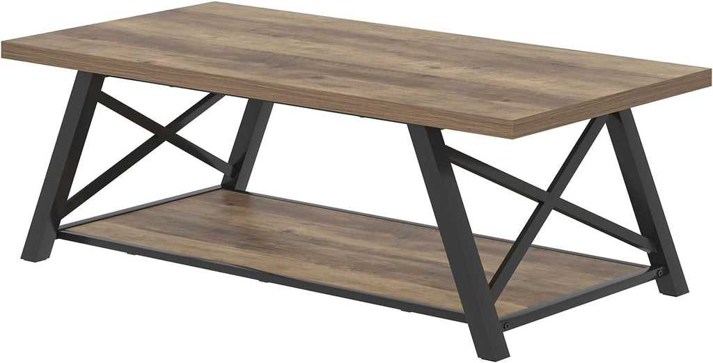 EXCEFUR Modern Coffee Table, Rectangle Center Table for Living Room with Storage Shelf, Industrial Wood and Metal Cocktail Tea Table, Rustic Oak, 47 Inch