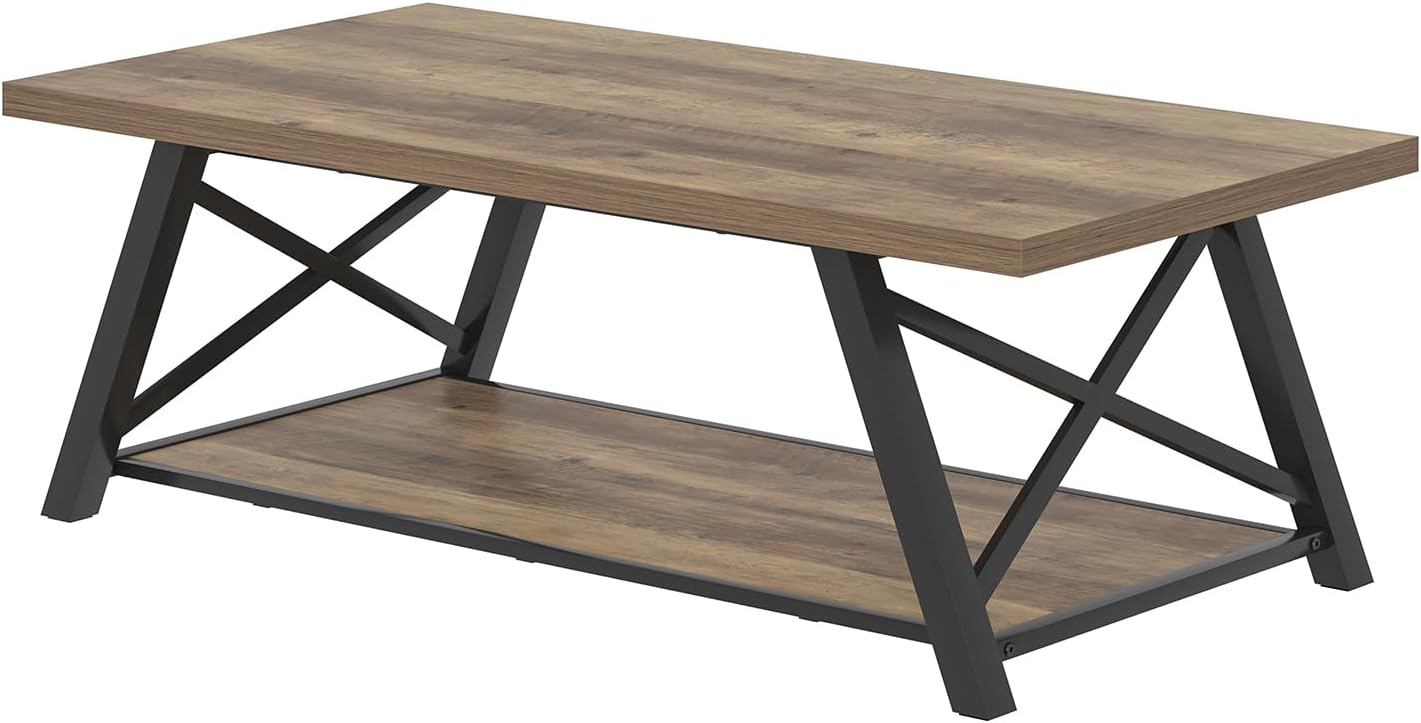 EXCEFUR Modern Coffee Table, Rectangle Center Table for Living Room with Storage Shelf, Industrial Wood and Metal Cocktail Tea Table, Rustic Oak, 47 Inch