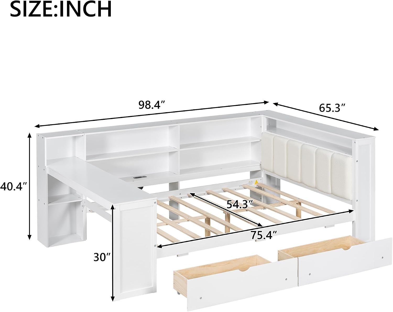 Wood Full Size Daybed with Storage Shelves and Desk, L-Shaped Corner Platform Bed Frame with Upholstered Headboard and 2 Drawers for Office Living Room Bedroom, Space-saving (White-7.16, Full)