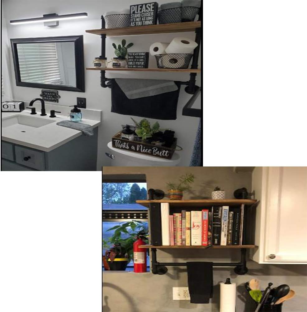 Industrial Pipe Bathroom Shelves Decor Wall Mounted 2 Tiered, Rustic Wood Wall Shelf with Towel Bar, Black Matte Towel Rack, Pipe Floating Shelves Shelving Towel Holder