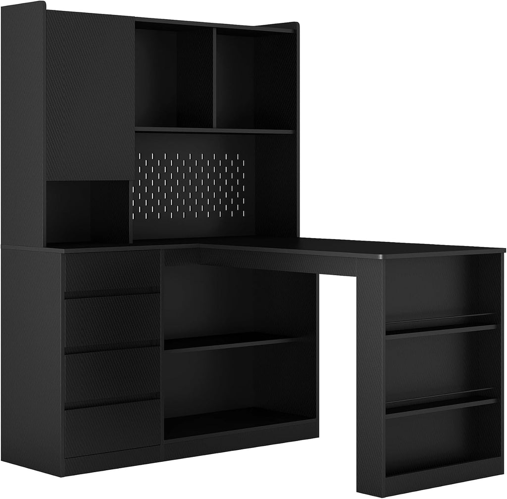 Black L-Shaped Home Office Desk with Hutch & Drawers, Modern Corner Desk with LED Light & Bookshelf, Wood Study Writing Table Gaming Computer Desk for Bedroom, Home