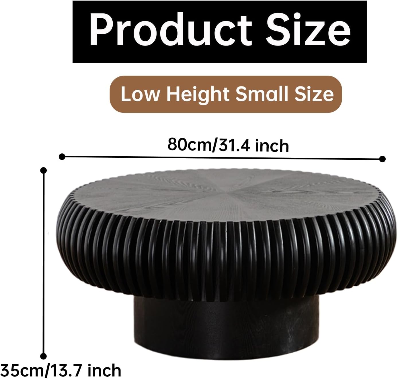 Round Coffee Table for Living Room Modern Black Fluted Coffee Table 31.4 inch Low Round Drum Coffee Tables for Living Room (Black, 31.4')