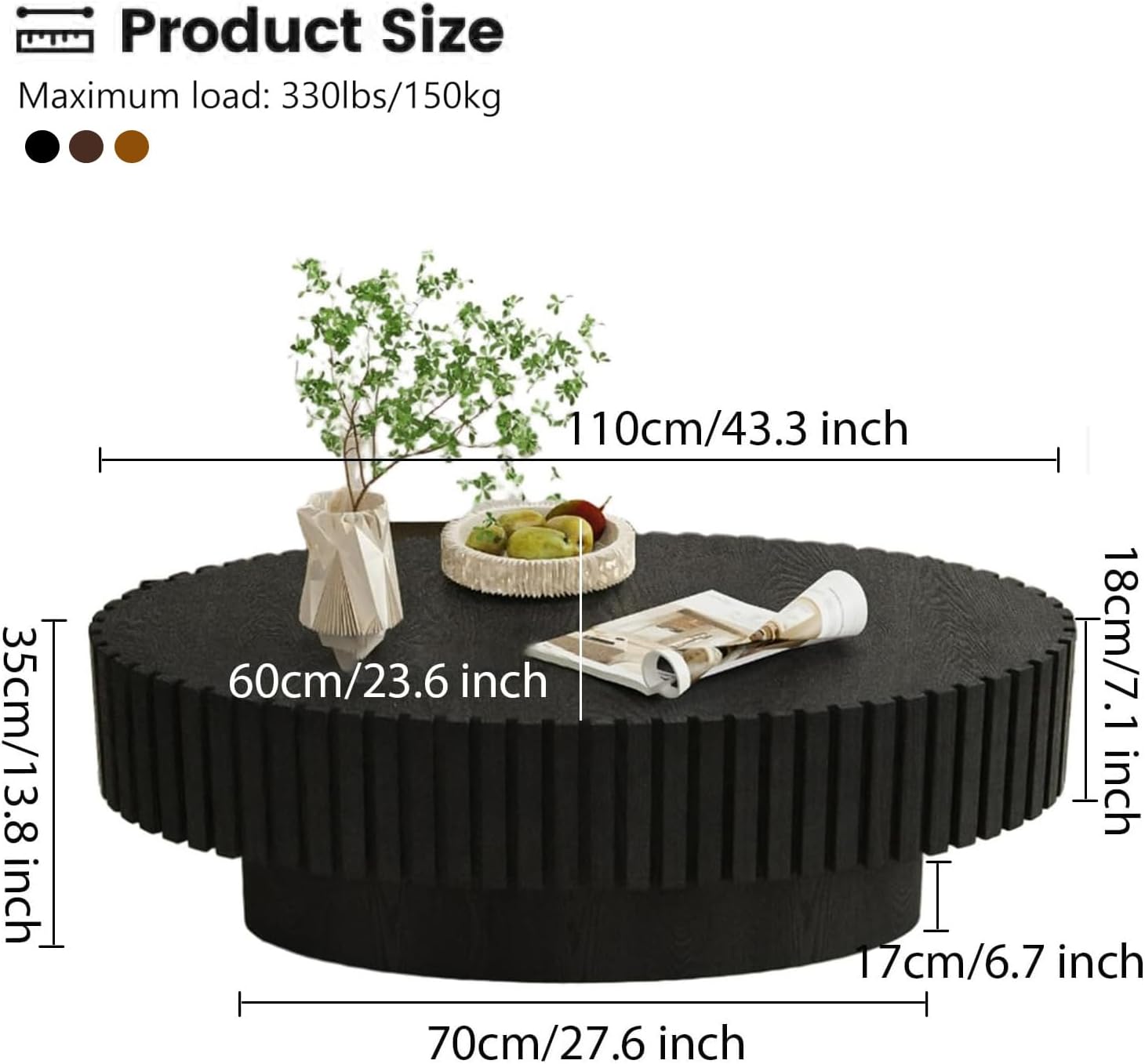 43.3' Oval Coffee Table for Living Room Oval Drum Fluted Coffee Table Modern Handcrafted Fluted Drum Coffee Tables for Living Room (Black)