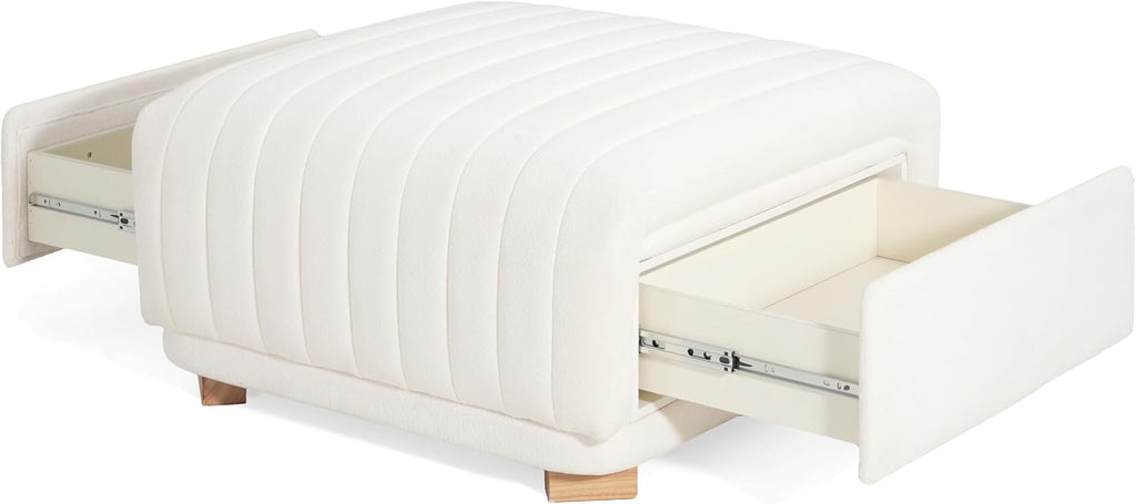 Christopher Knight Home Reyno Upholstered Ottoman with Storage for Living Room, Chenille Fabric Storage Ottoman Foot Rest with Side Drawers, Modern Square Coffee Table with Wooden Frame, Light Beige