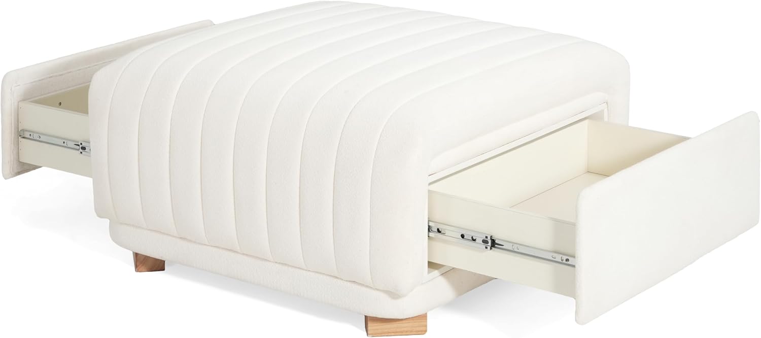 Christopher Knight Home Reyno Upholstered Ottoman with Storage for Living Room, Chenille Fabric Storage Ottoman Foot Rest with Side Drawers, Modern Square Coffee Table with Wooden Frame, Light Beige