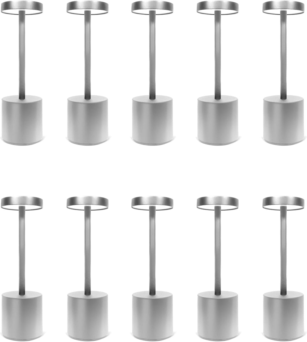 10 Pack - Silver Rechargeable Cordless Table Lamps, Portable LED Desk Lamps, Dimming 5000mAh Rechargeable Battery Powered LED Lighting for Restaurant,Bar, Bedroom, Outdoor, Party